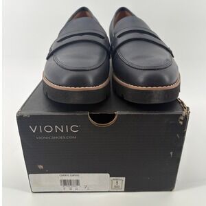 Vionic Women 7.5 WIDE Cheryl II Slip On Penny Loafer Navy Leather Arch NWB